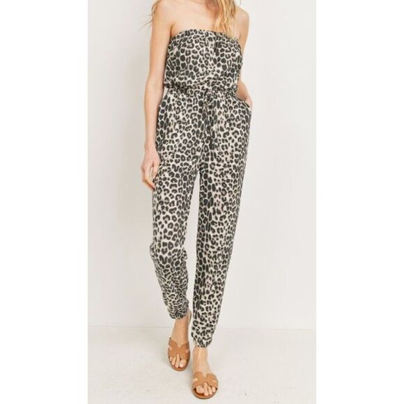 Cherish Pants - CHERISH Womens Leopard Print Strapless Jumpsuit Waffle Knit Jogger Pant Size M